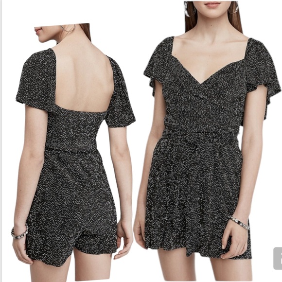 Express Pants - ❤️❤️ Express Pleated Wrap Front Short Sleeve Tied Romper Black White Print❤️❤️